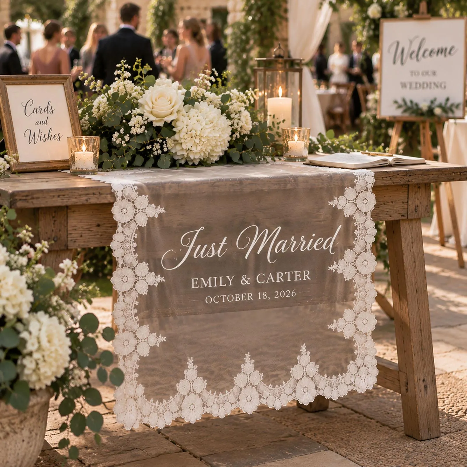 Personalized Wedding Lace Table Runner, Custom Couple Names Wedding Table Decor, Just Married Sweetheart Table Runner, Rustic Wedding Sign - image 3