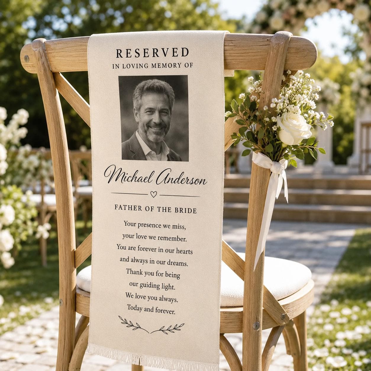Personalized Wedding Memorial Chair Banner, Custom Photo Reserved Seat Sign, In Loving Memory Father of the Bride Tribute - image 5