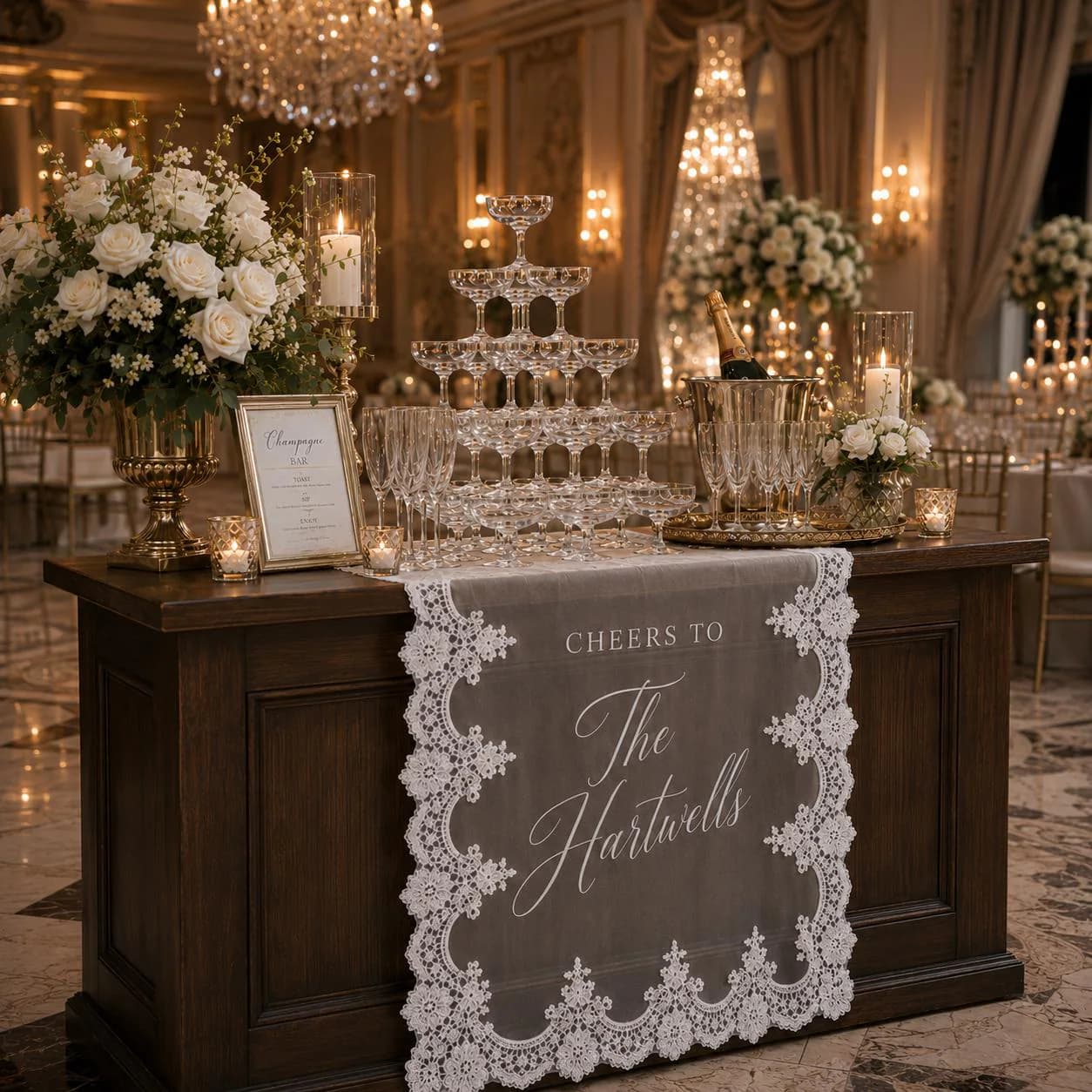 Personalized Wedding Bar Sign, Custom Champagne Bar Banner, Lace Wedding Table Runner, Couple Name Reception Decor - image 5