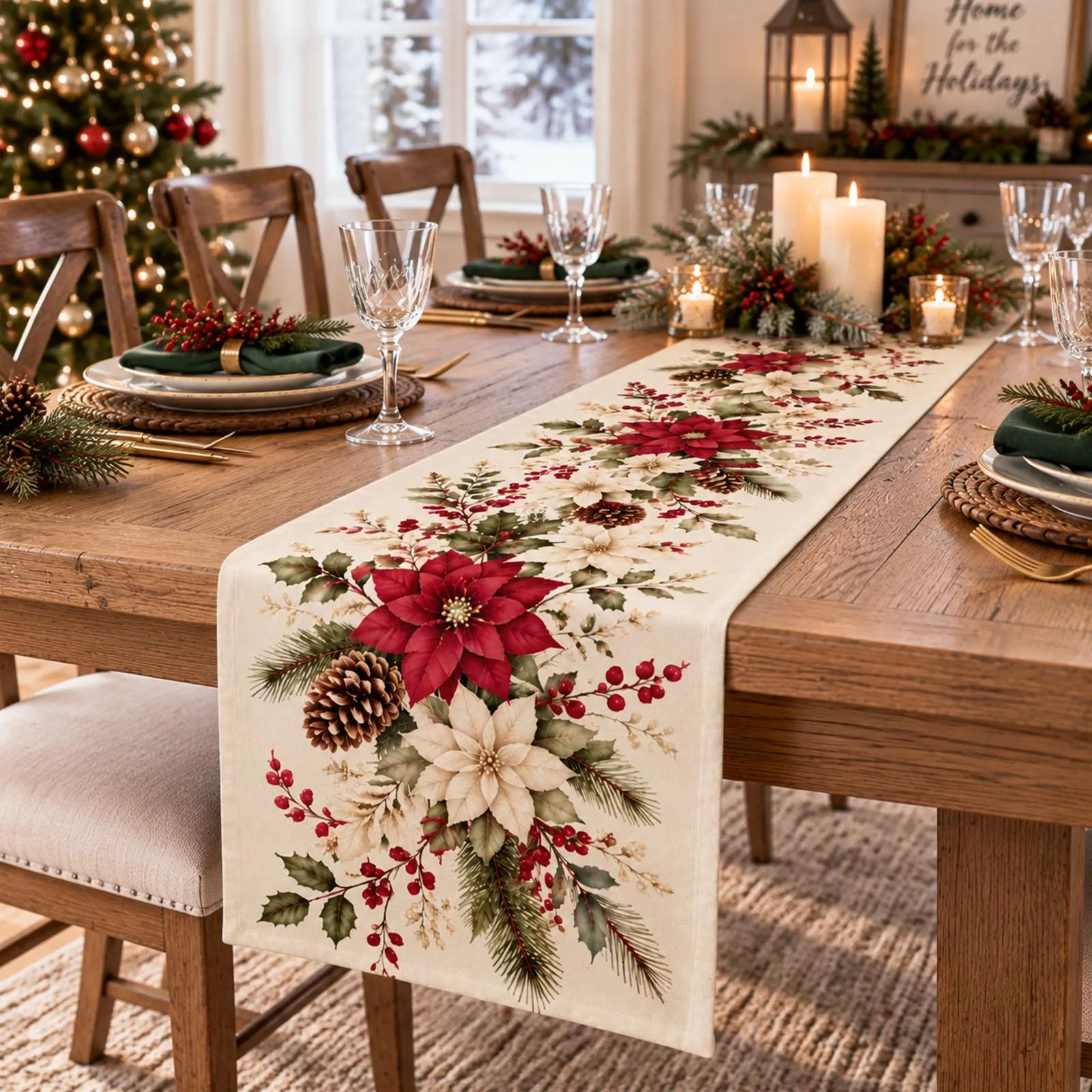 Christmas Floral Table Runner, Poinsettia Holiday Table Decor, Red White Flower Dining Runner, Holly Pinecone Winter Farmhouse Decor - image 3