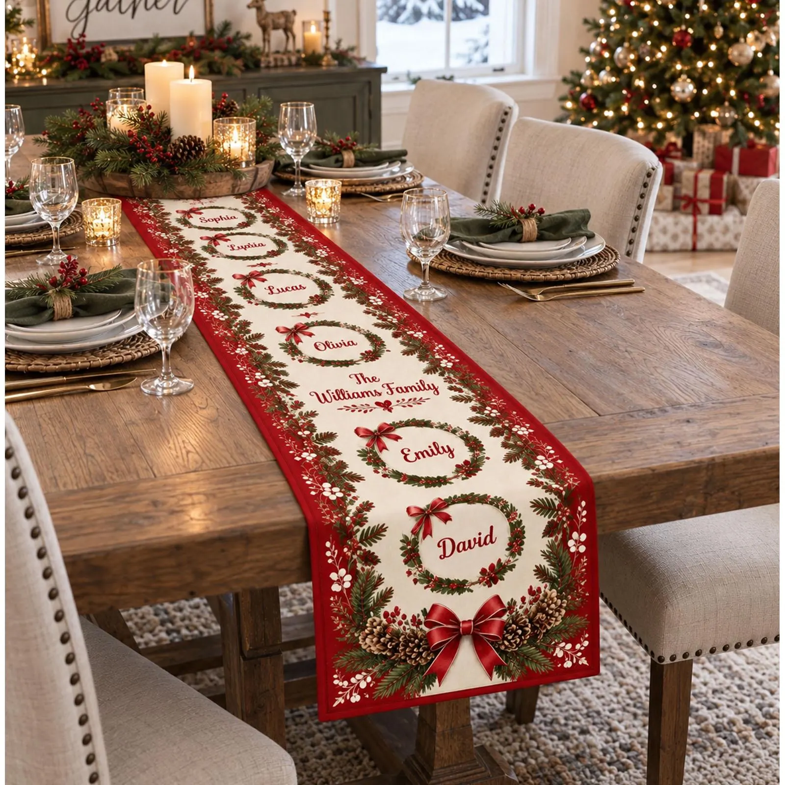 Personalized Christmas Table Runner, Custom Family Name Holiday Runner, Christmas Wreath Table Decor, Family Dinner Table Runner - image 4