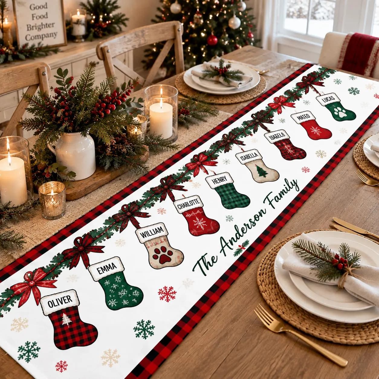 Personalized Christmas Table Runner, Custom Family Name Holiday Table Decor, Christmas Stocking Table Runner, Rustic Xmas Dining Decor