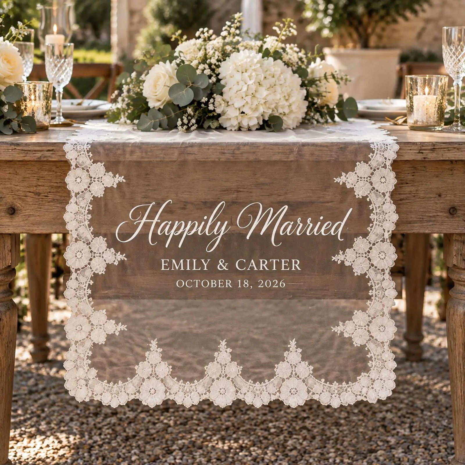 Personalized Wedding Lace Table Runner, Custom Couple Names Wedding Table Decor, Just Married Sweetheart Table Runner, Rustic Wedding Sign