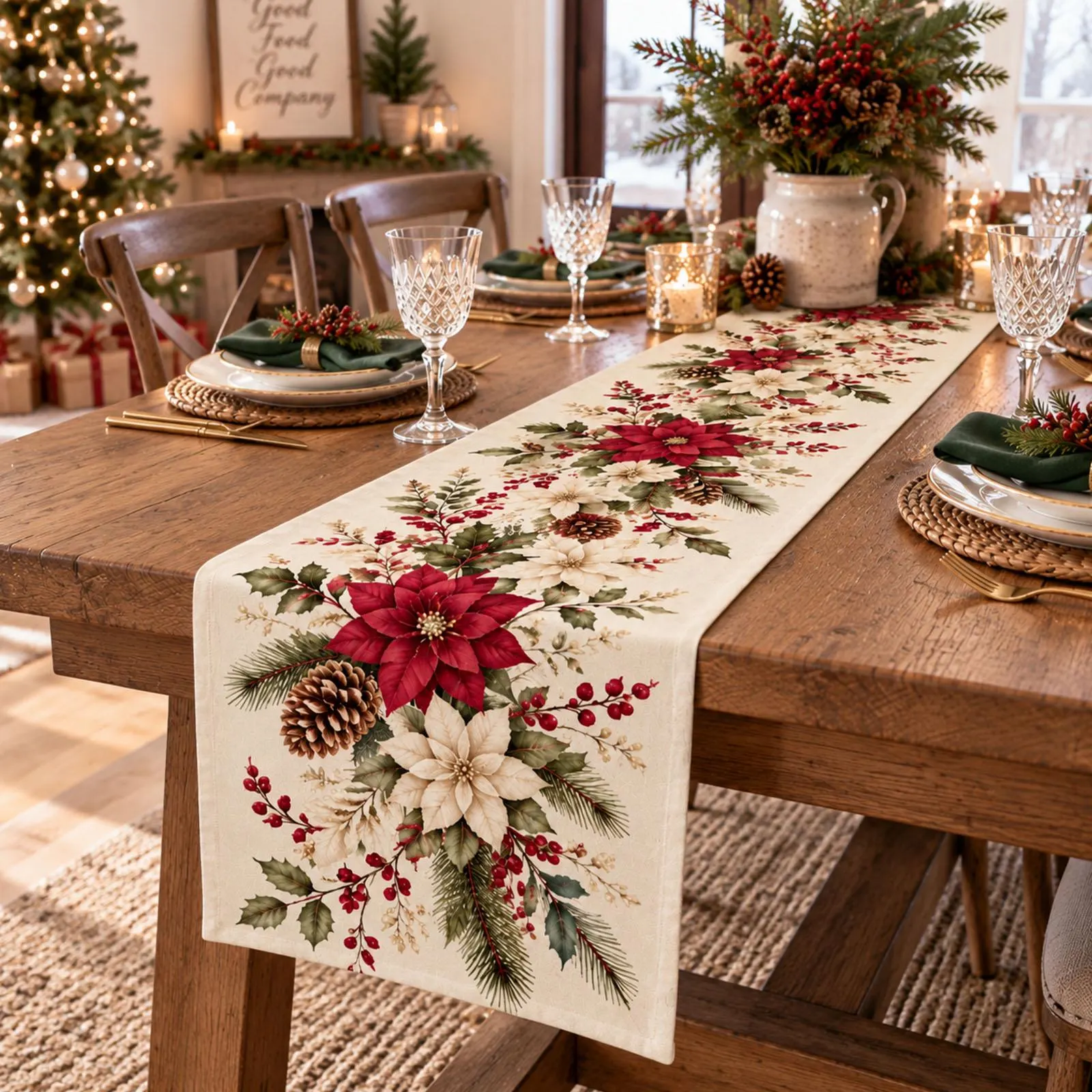 Christmas Floral Table Runner, Poinsettia Holiday Table Decor, Red White Flower Dining Runner, Holly Pinecone Winter Farmhouse Decor - image 4