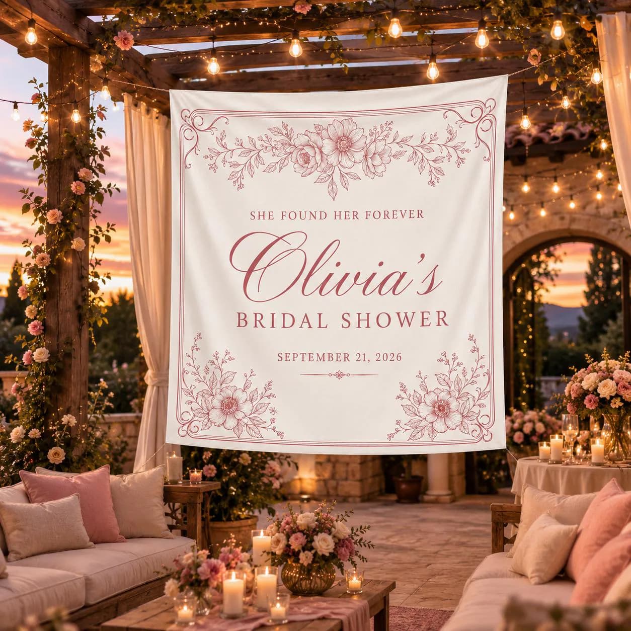 Personalized Bridal Shower Banner, Custom Name and Date Fabric Backdrop, Floral Bride to Be Welcome Sign, Pink Wedding Shower Decor - image 3