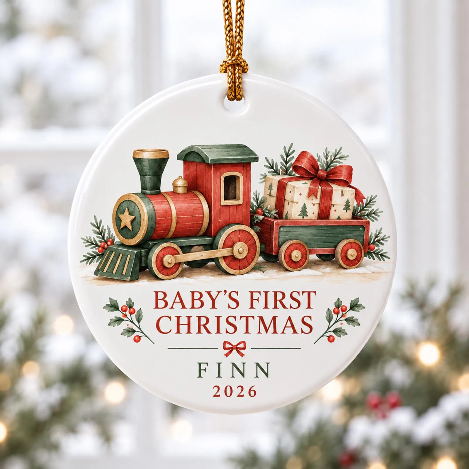 Personalized Baby’s First Christmas Ceramic Ornament, Custom Name Christmas Train Ornament, Baby First Xmas Keepsake 2026 - image 4