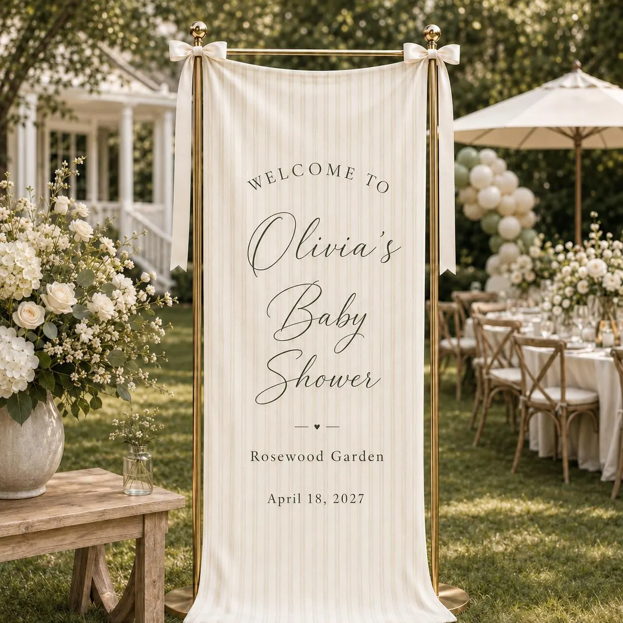 Personalized Baby Shower Welcome Banner, Custom Name Fabric Sign, Neutral Garden Baby Shower Decor, Elegant Shower Entrance Sign