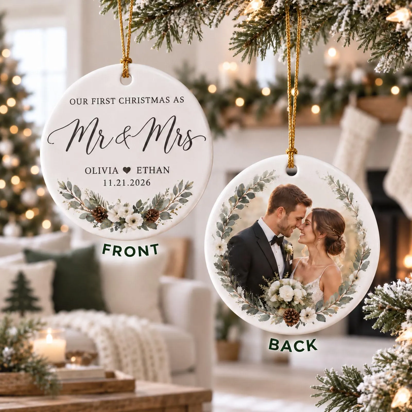 Personalized First Christmas as Mr & Mrs Ceramic Ornament, Custom Wedding Photo Ornament, Newlywed Christmas Gift, Double Sided Keepsake