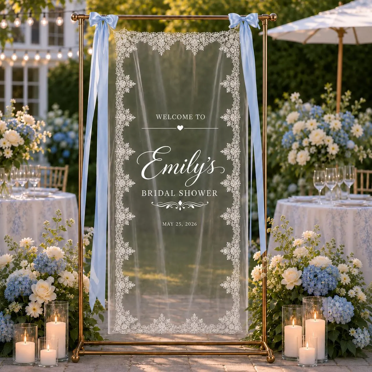 Personalized Lace Bridal Shower Welcome Sign,  Custom Bridal Shower Party Decor, Sheer Tulle Banner, Romantic Floral Entrance Sign, Wedding