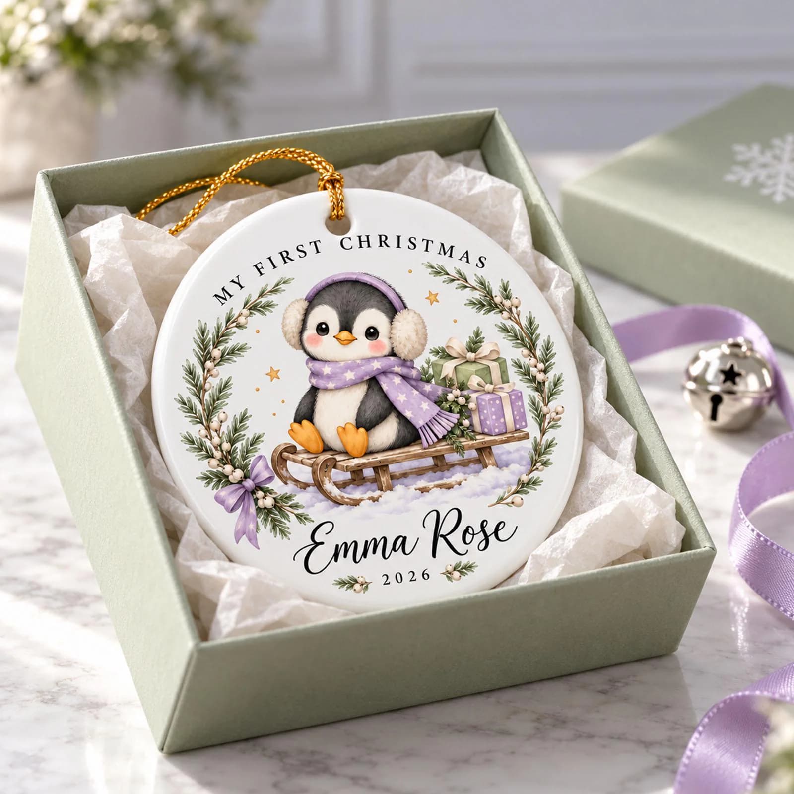 Personalized Baby’s First Christmas Penguin Ceramic Ornament, Custom Name Holiday Keepsake, Baby Girl Christmas Gift 2026 - image 4