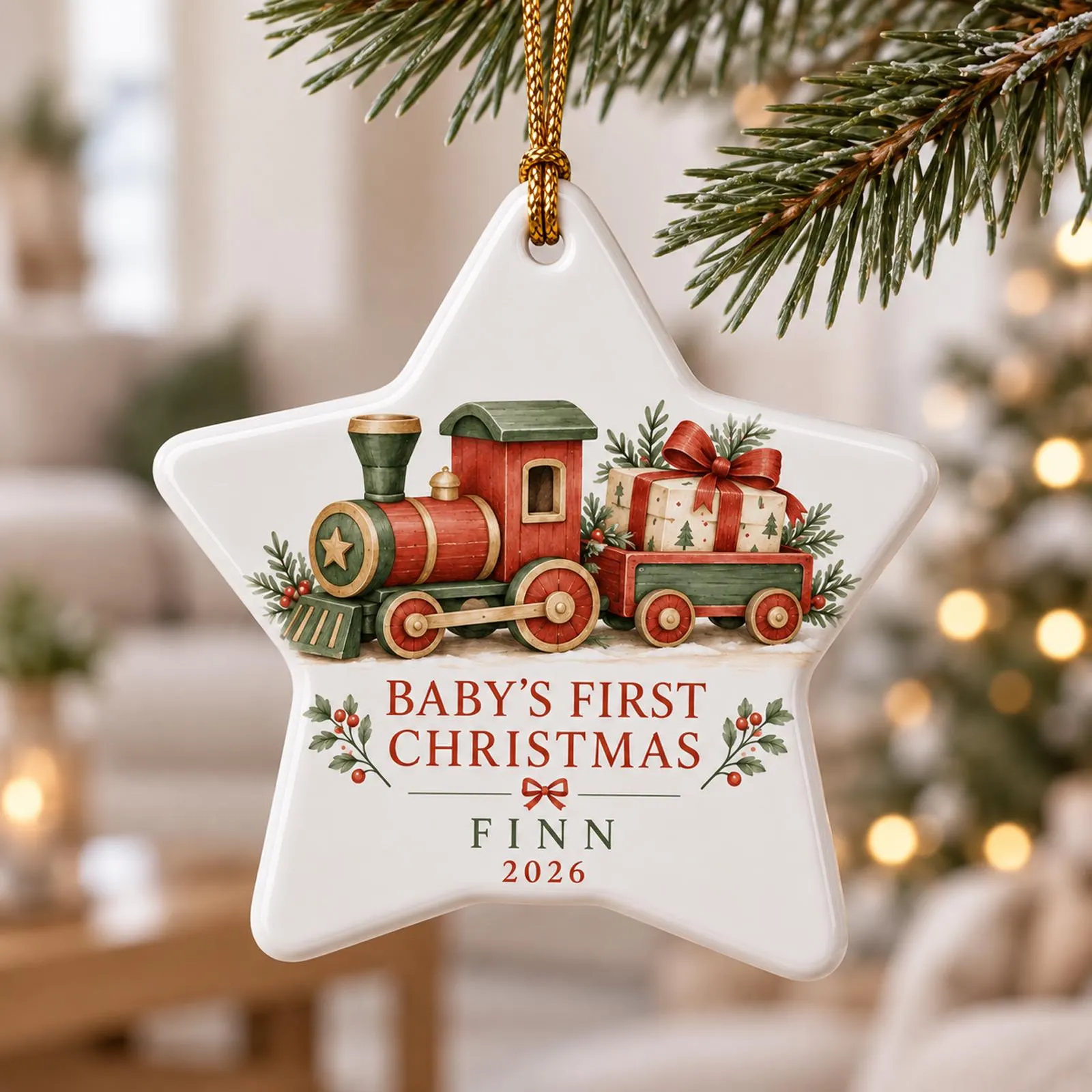 Personalized Baby’s First Christmas Ceramic Ornament, Custom Name Christmas Train Ornament, Baby First Xmas Keepsake 2026 - image 5