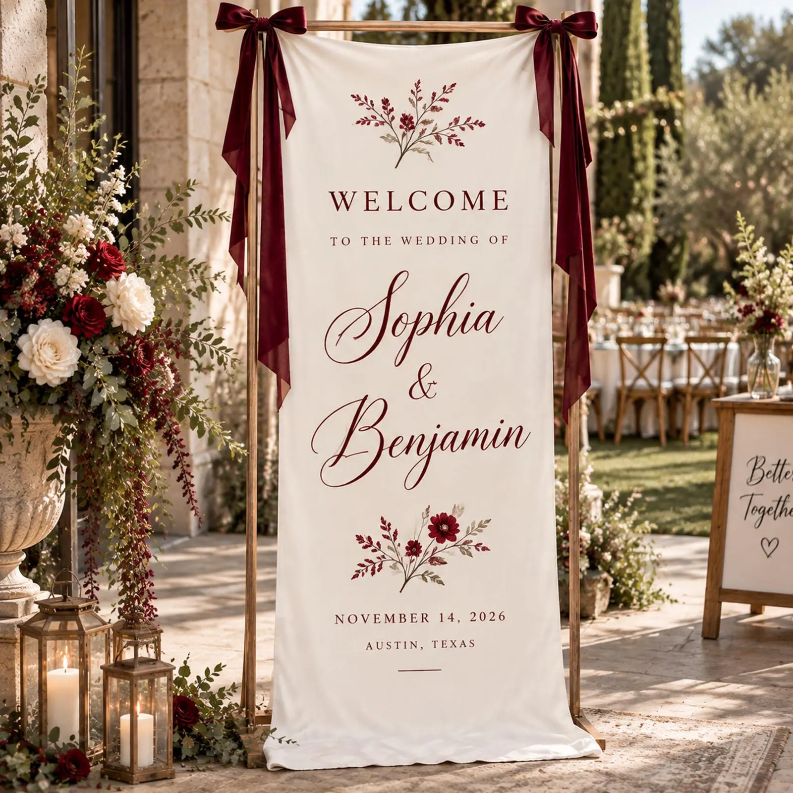 Personalized Wedding Welcome Banner, Custom Couple Names Sign, Burgundy Floral Wedding Backdrop, Ceremony Entrance Decor