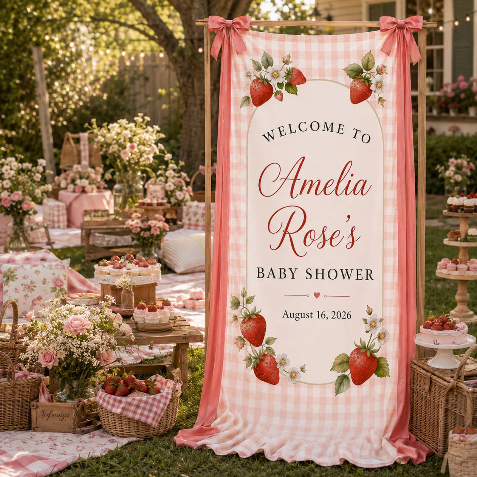 Personalized Strawberry Baby Shower Banner, Pink Gingham Welcome Sign, Custom Name & Date Fabric Backdrop, Berry Sweet Party Decor