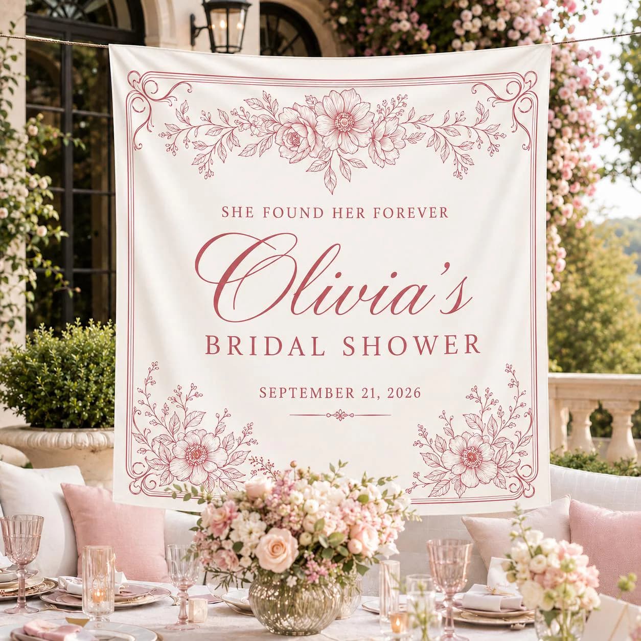 Personalized Bridal Shower Banner, Custom Name and Date Fabric Backdrop, Floral Bride to Be Welcome Sign, Pink Wedding Shower Decor - image 4