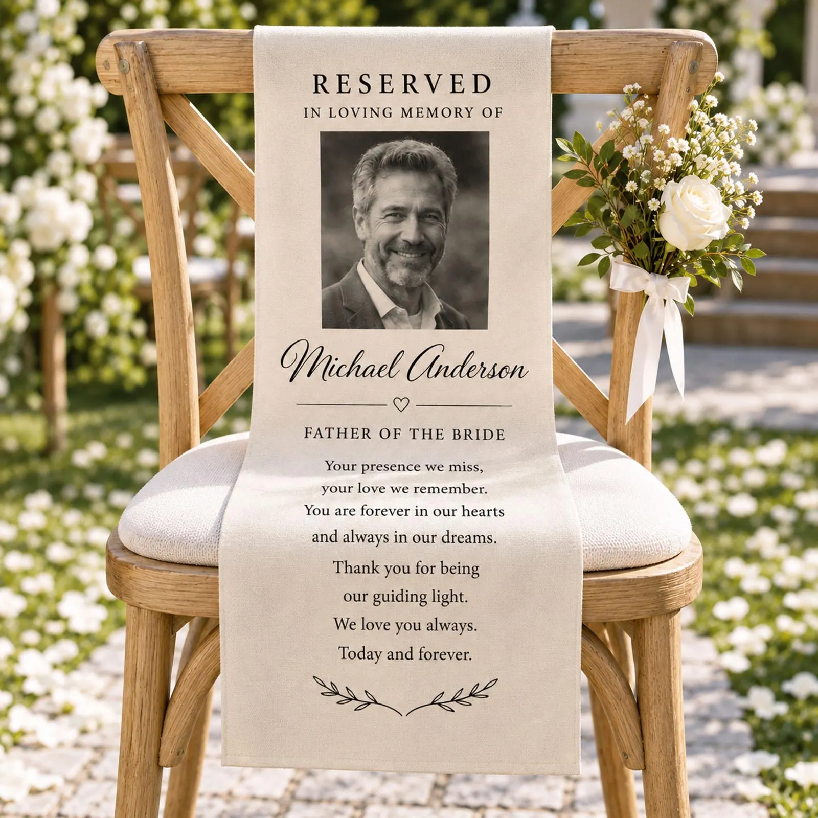 Personalized Wedding Memorial Chair Banner, Custom Photo Reserved Seat Sign, In Loving Memory Father of the Bride Tribute