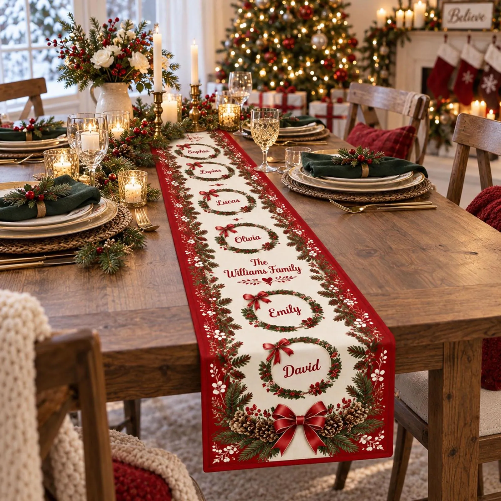 Personalized Christmas Table Runner, Custom Family Name Holiday Runner, Christmas Wreath Table Decor, Family Dinner Table Runner - image 2