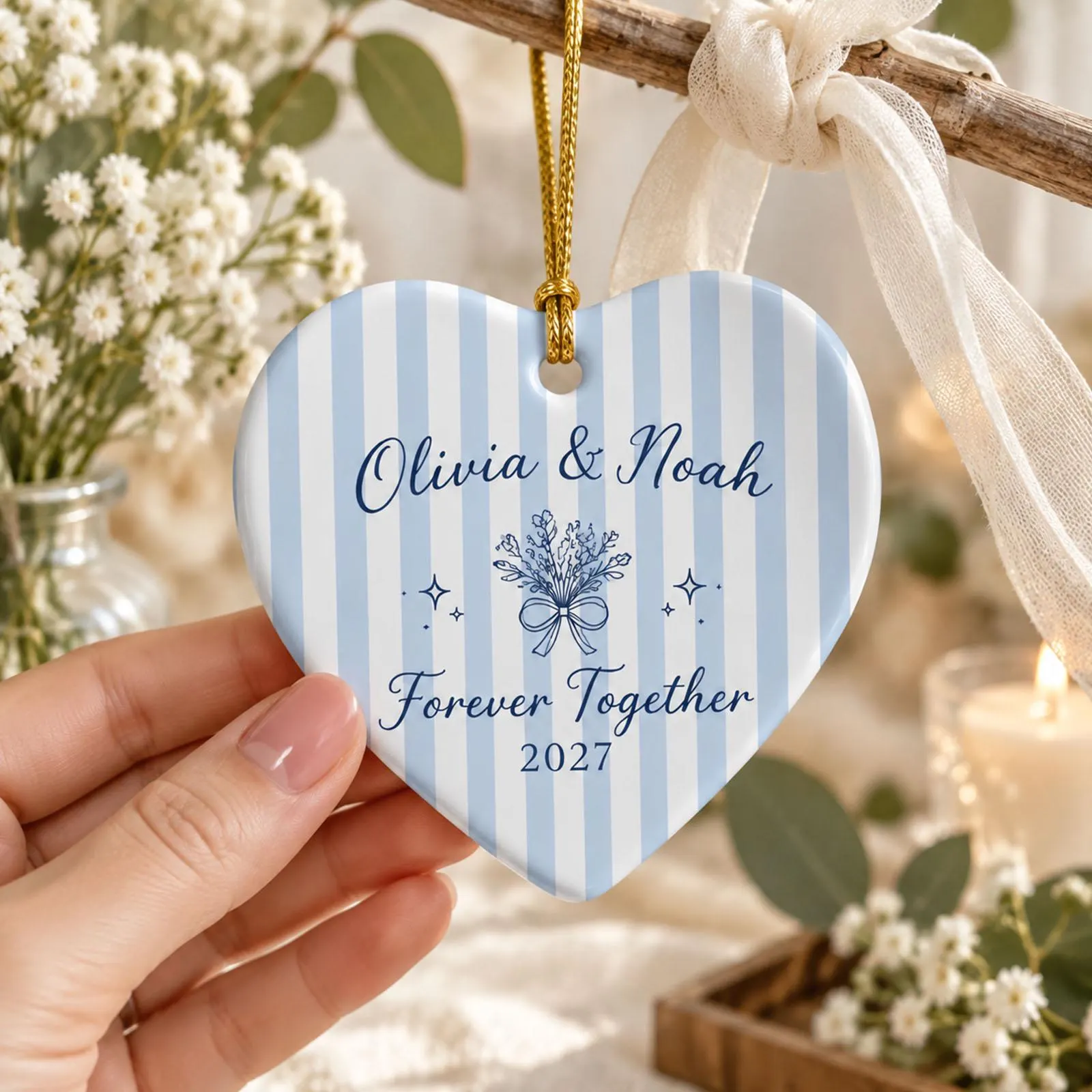 Personalized Couple Ceramic Ornament, Custom Names Heart Ornament, Wedding Engagement Keepsake, Forever Together Christmas Gift