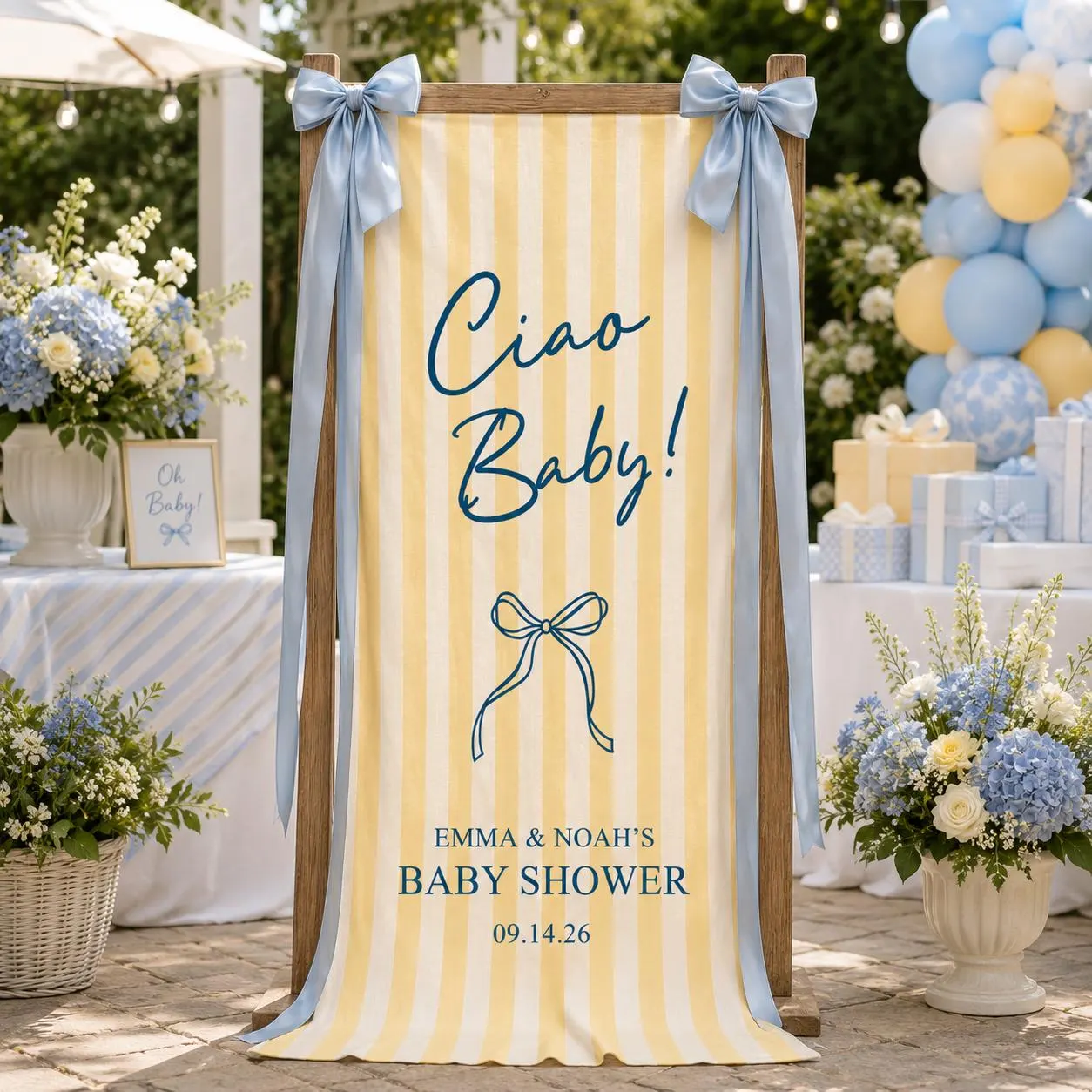 Ciao Baby Shower Banner, Personalized Baby Shower Welcome Sign, Italian Theme Baby Shower Backdrop, Green Stripe Party Decor