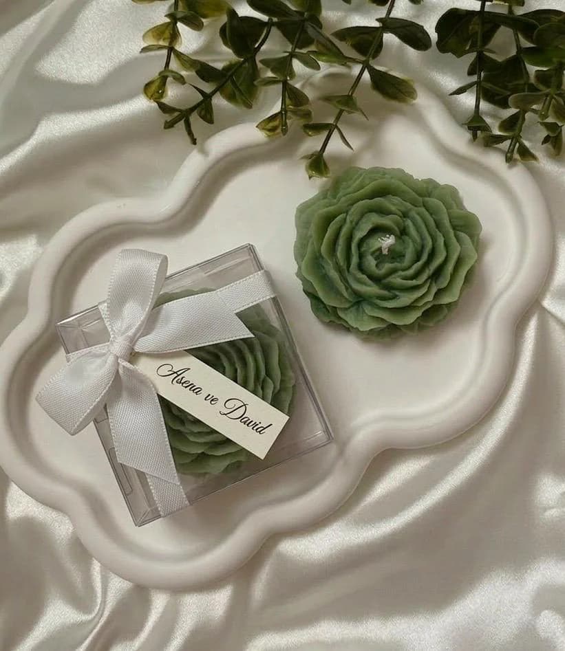 Sage Green Rose Flower Candle, Personalized Wedding Favors, Baptism , Mother’s Day Gift