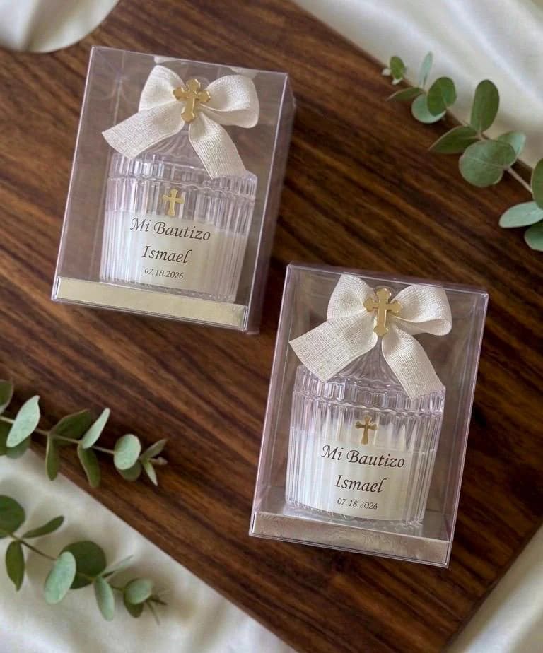 Personalized Baptism Favor Candles – Elegant Acrylic Box-Look Jars with Gift Box - Christening Gift