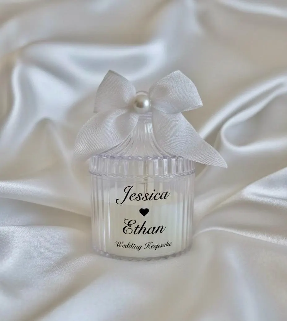 Personalized Wedding Favor Candles – Soy Wax in Elegant Acrylic Box-Look Jars with Ribbon - image 4