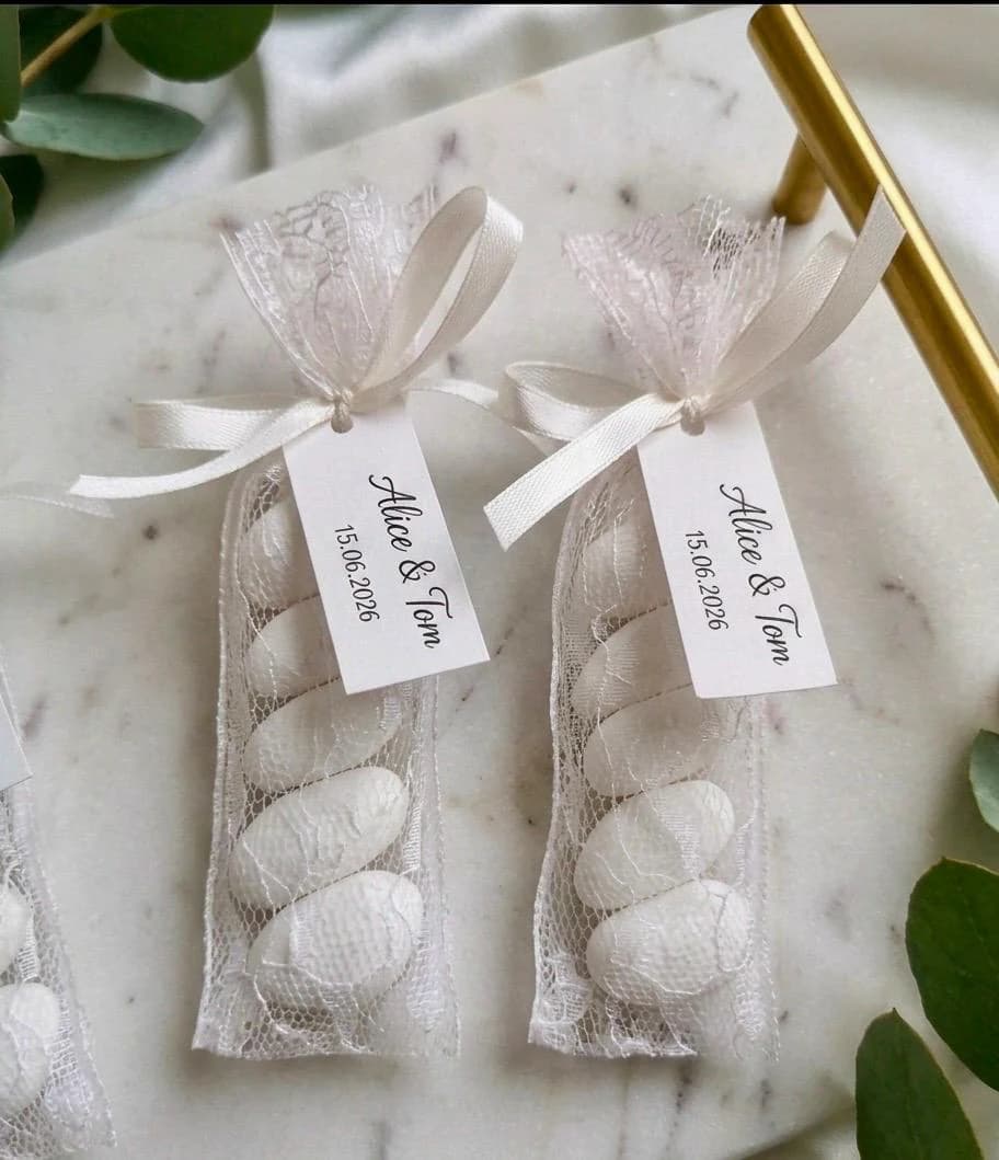 Rustic Italian Wedding Favor: Lace Wrapped Almond Candy Confetti Wedding Gift