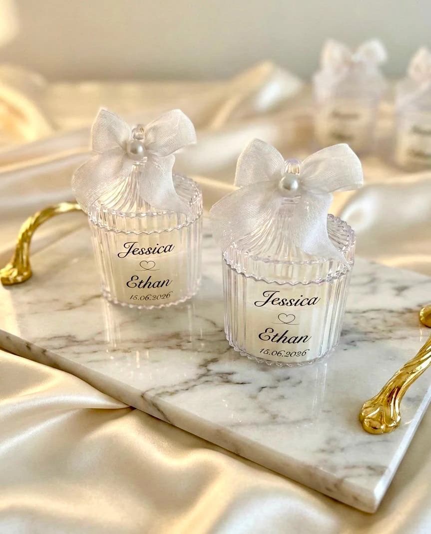 Personalized Wedding Favor Candles – Soy Wax in Elegant Acrylic Box-Look Jars with Ribbon