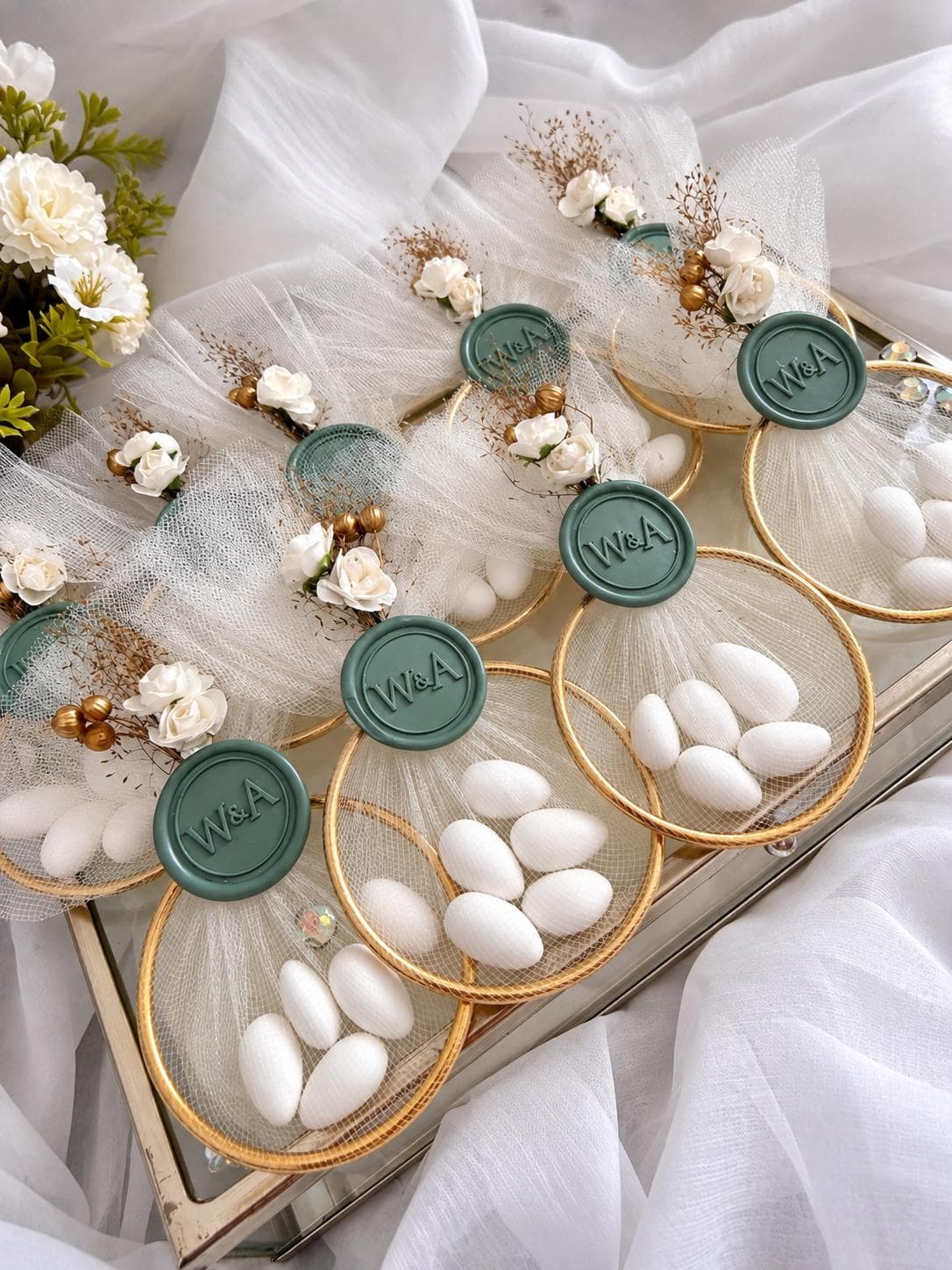 Personalized Jordan Almond Wedding Favors, Sage Green Wax Seal, Floral Tulle Bomboniere, Thank you Gift