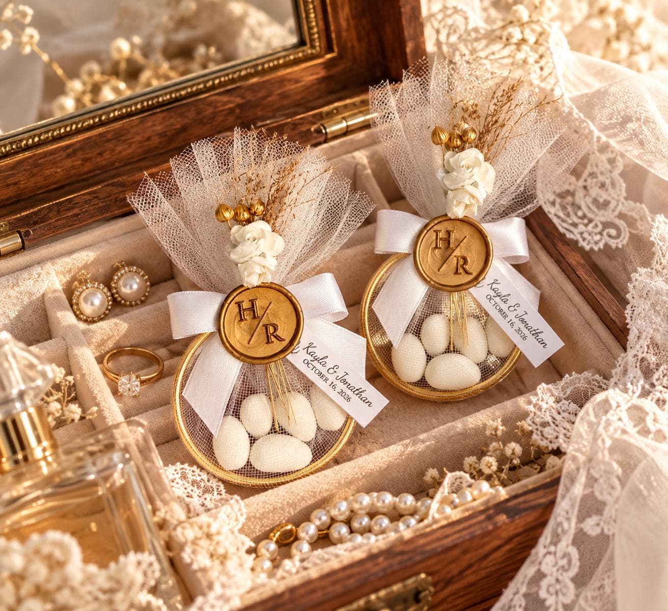 Jordan Almond Koufeta, White Tulle Bomboniere Wedding Favor , Custom Wax Seal Guest Favor