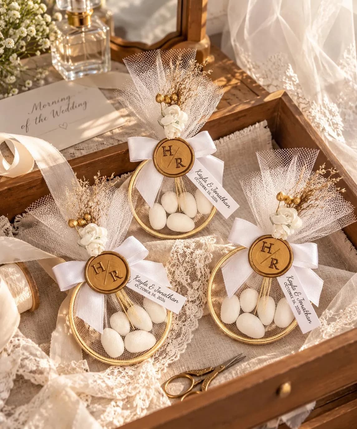 Jordan Almond Koufeta, White Tulle Bomboniere Wedding Favor , Custom Wax Seal Guest Favor - image 4