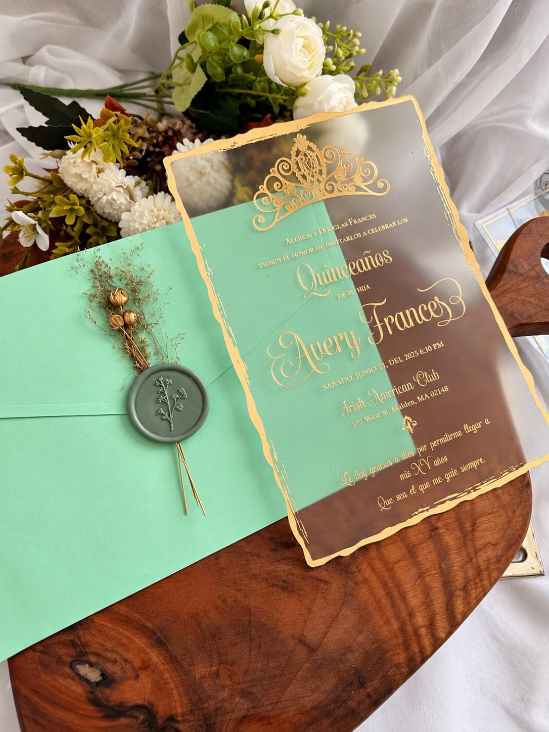 Personalized Quinceañera Invitation,Sage Green Gold Invitation, Spanish Quince Invite