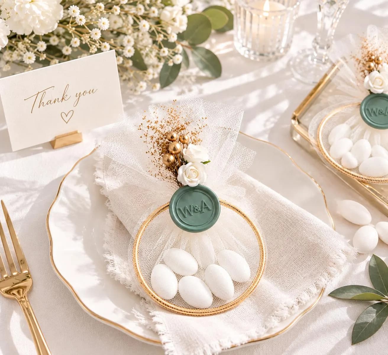 Personalized Jordan Almond Wedding Favors, Sage Green Wax Seal, Floral Tulle Bomboniere, Thank you Gift - image 3