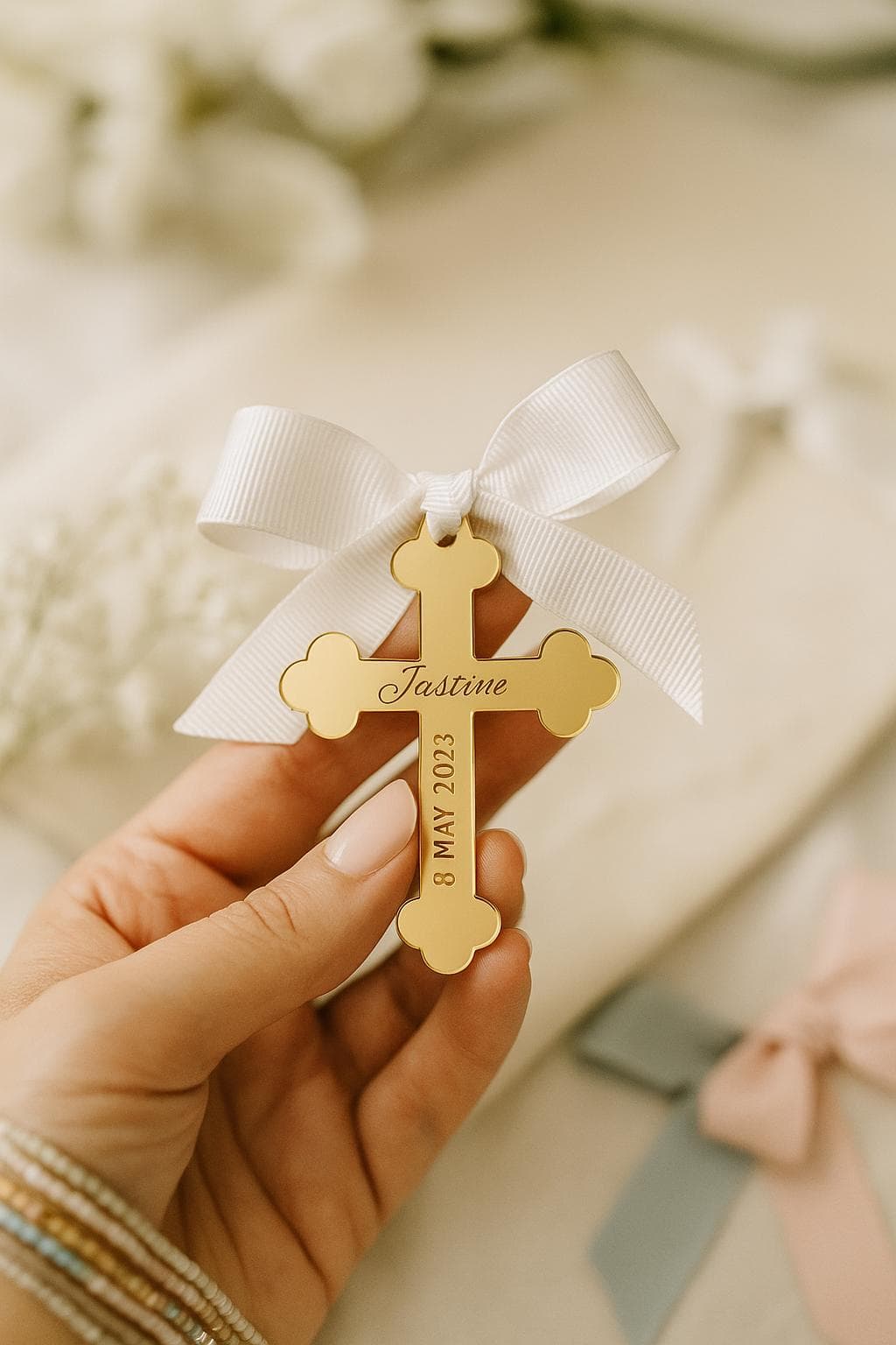 Personalized Gold Acrylic Favor Tag | Custom Baptism Cross Gift - image 3