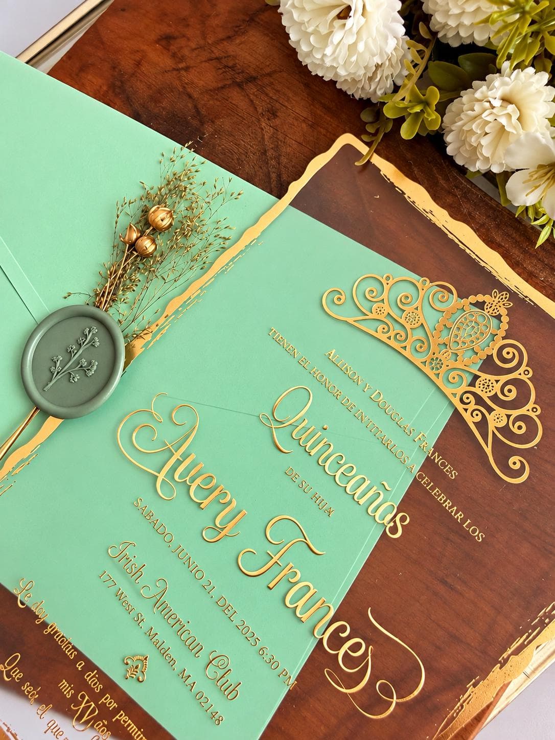 Personalized Quinceañera Invitation,Sage Green Gold Invitation, Spanish Quince Invite - image 4
