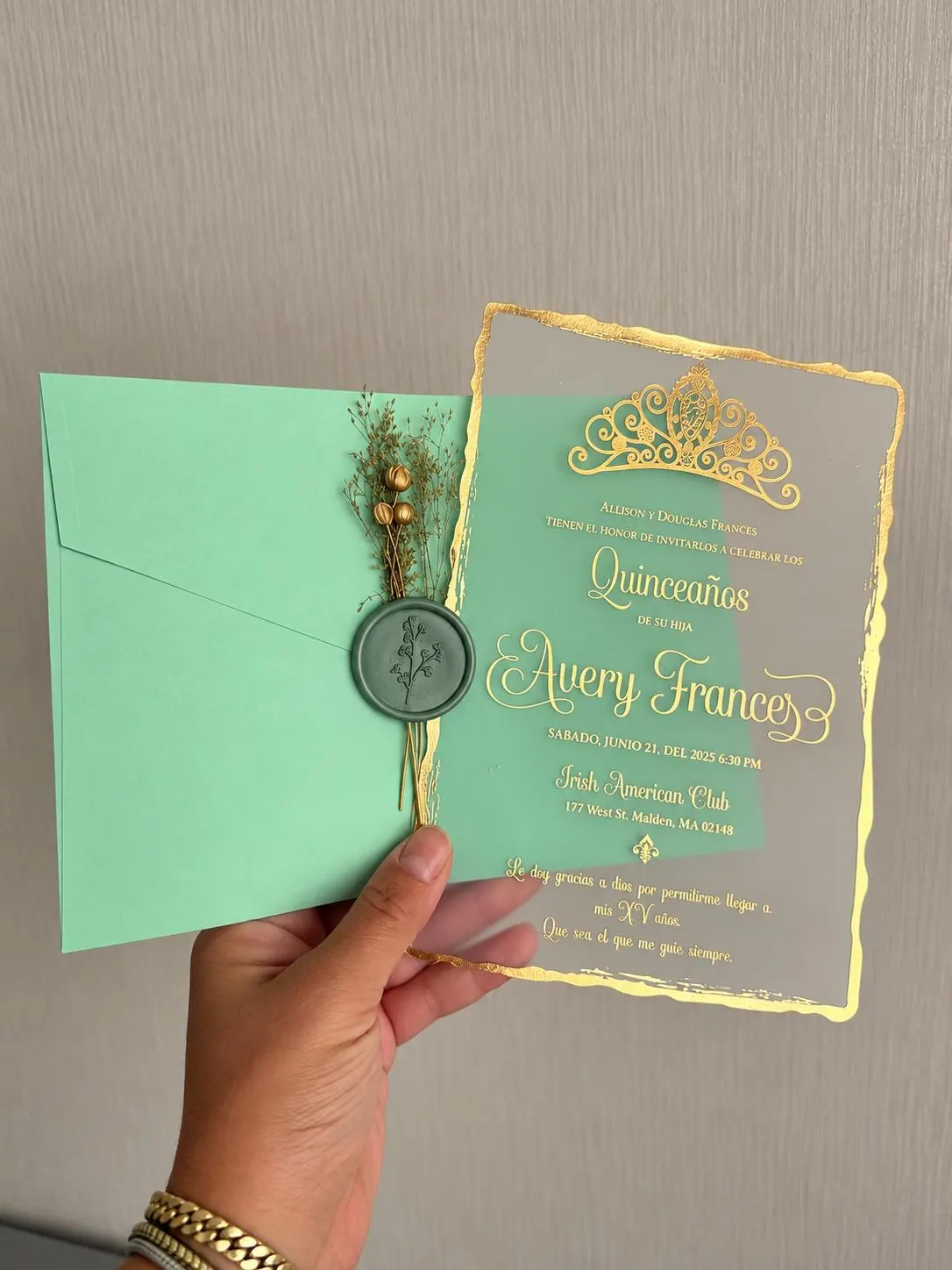 Personalized Quinceañera Invitation,Sage Green Gold Invitation, Spanish Quince Invite - image 3