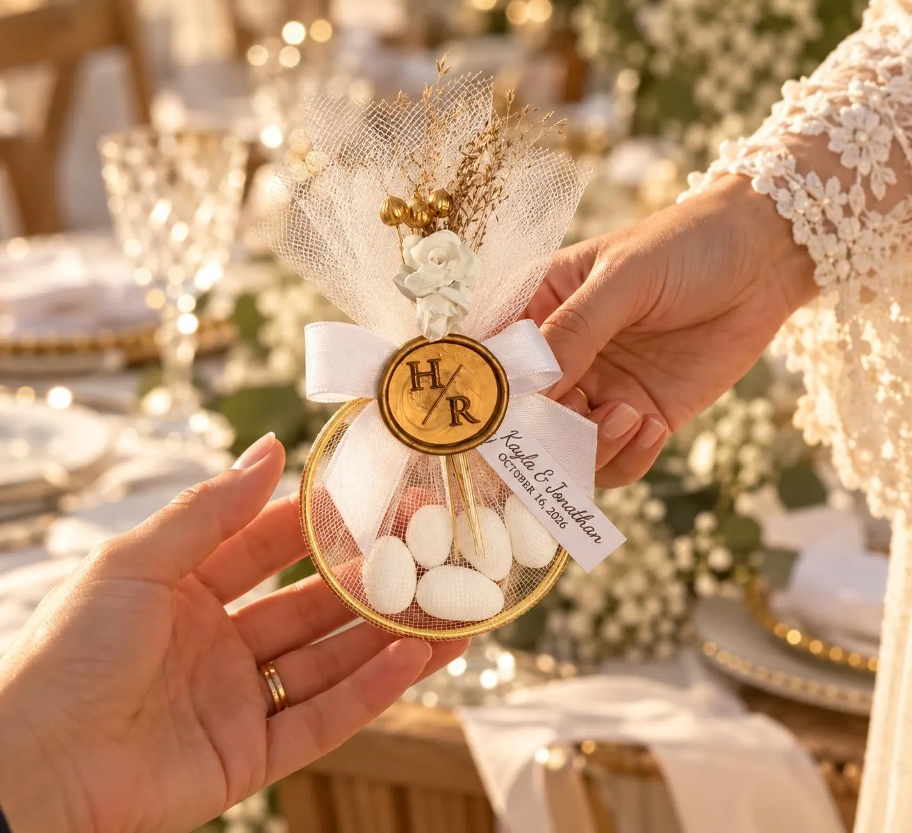 Jordan Almond Koufeta, White Tulle Bomboniere Wedding Favor , Custom Wax Seal Guest Favor - image 3
