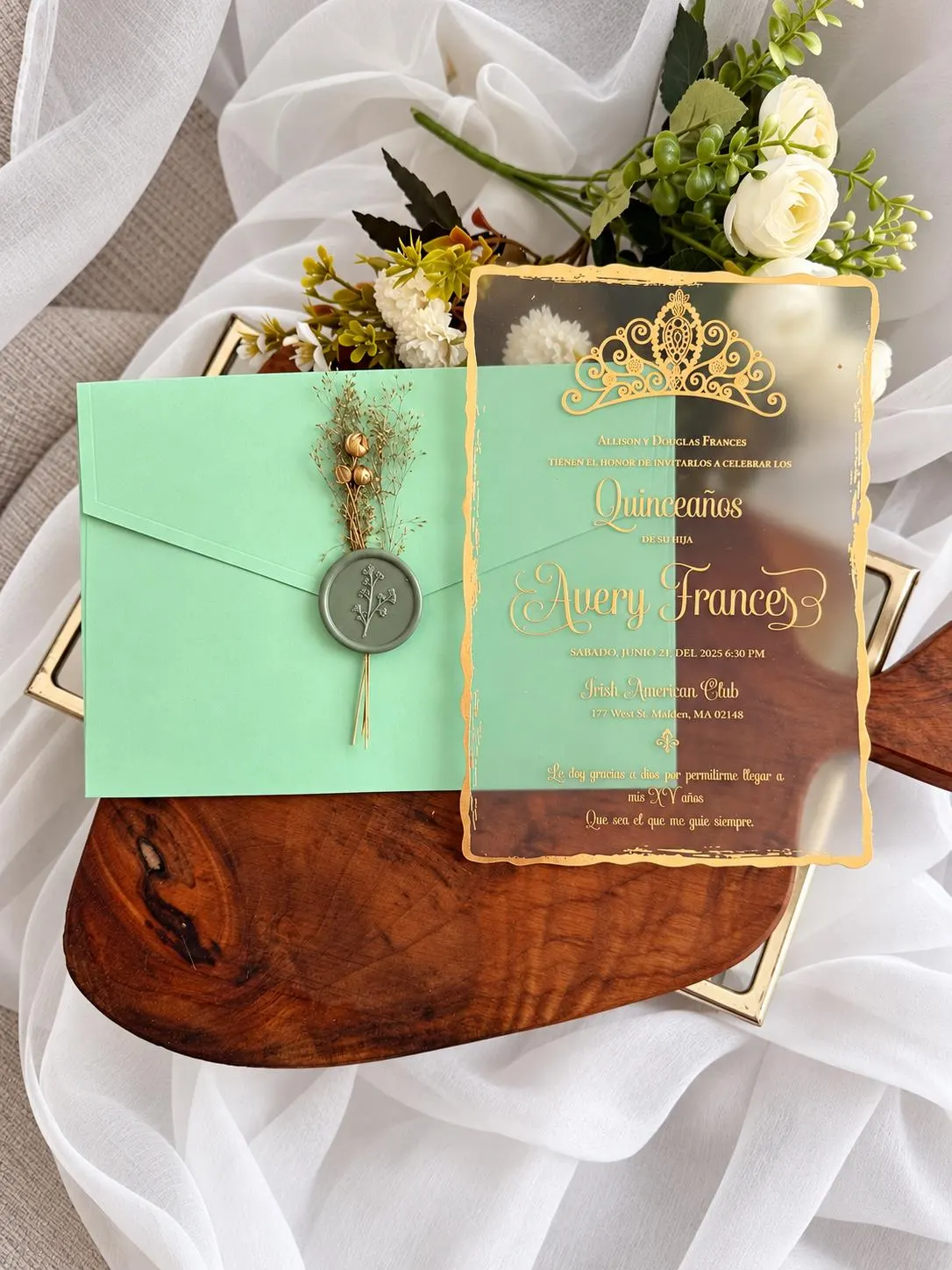 Personalized Quinceañera Invitation,Sage Green Gold Invitation, Spanish Quince Invite - image 5