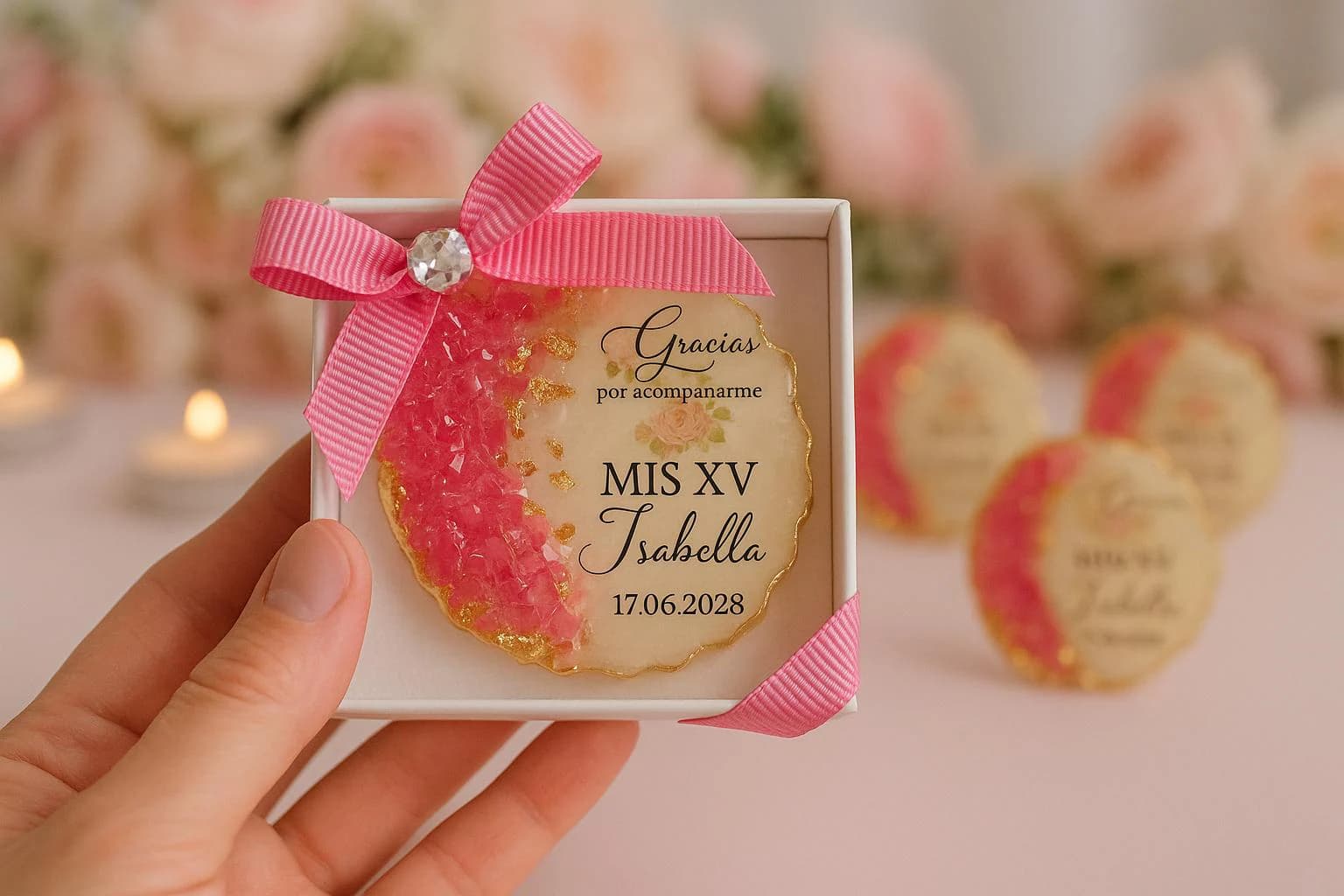 Personalized Quinceañera Magnet Favor | Pink Bow, Elegant Keepsake