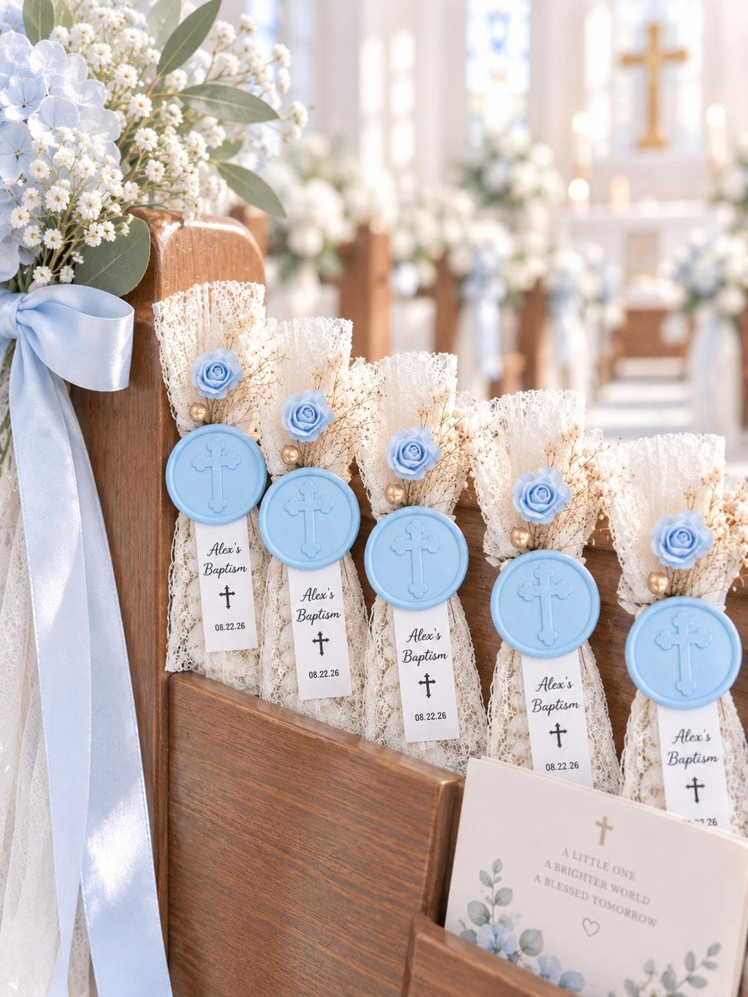 Personalized Baptism Favors, Baby Blue Cross Wax Seal, Custom Christening Gift, Lace Baptism Favor Bags