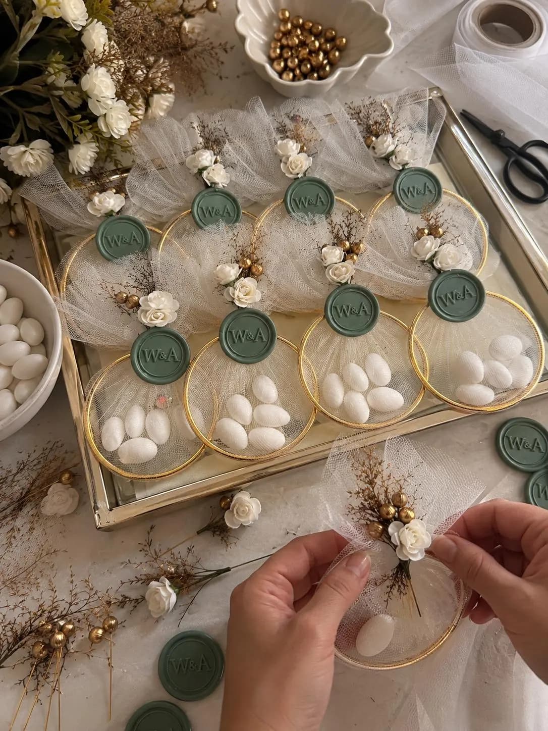 Personalized Jordan Almond Wedding Favors, Sage Green Wax Seal, Floral Tulle Bomboniere, Thank you Gift - image 5
