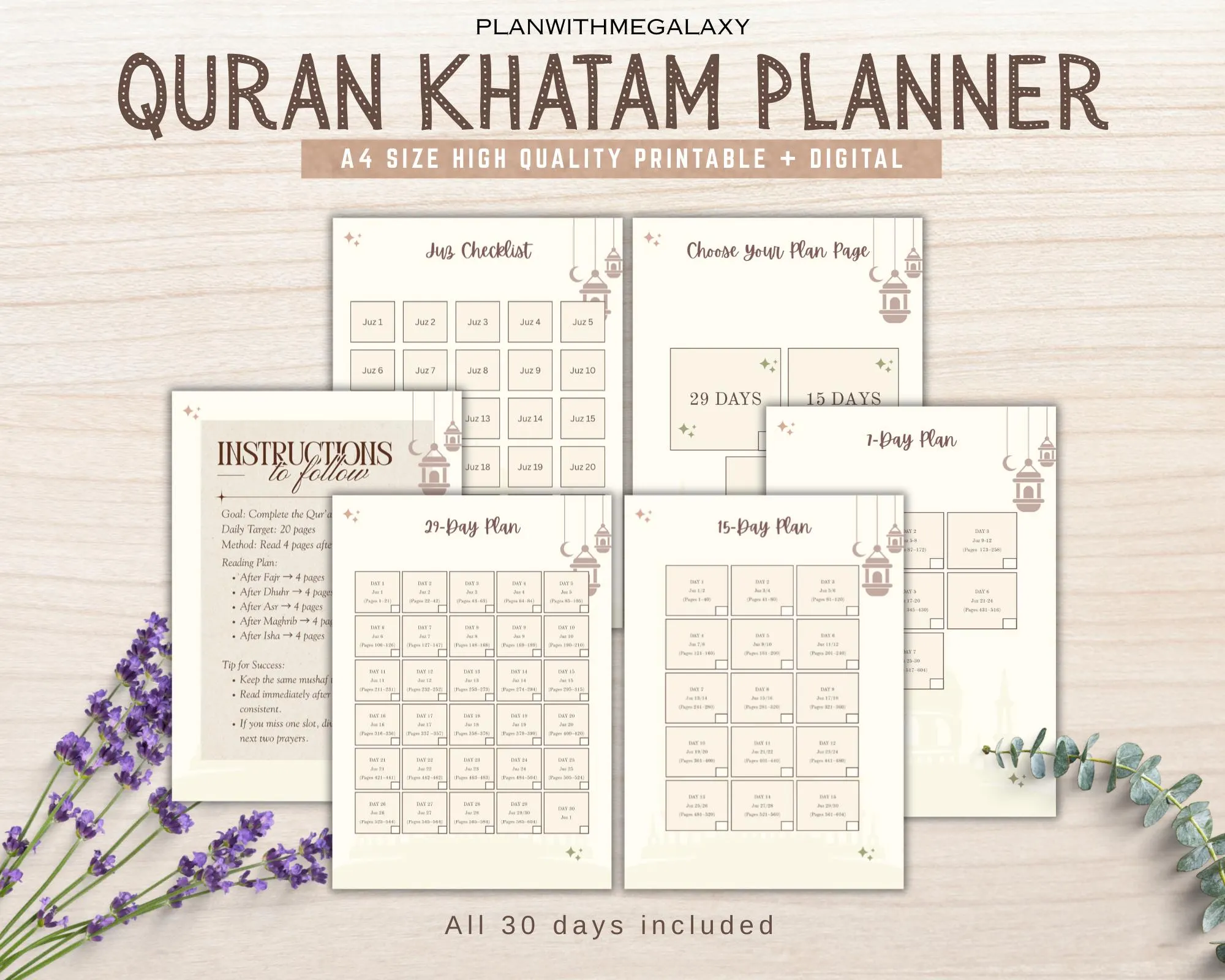Quran Completion bundle 30, 15, 7 Day Khatam Plan 114 Surah Tracker Qur’an Reflection Journal Ramadan Printable Planner instant download pdf - image 2