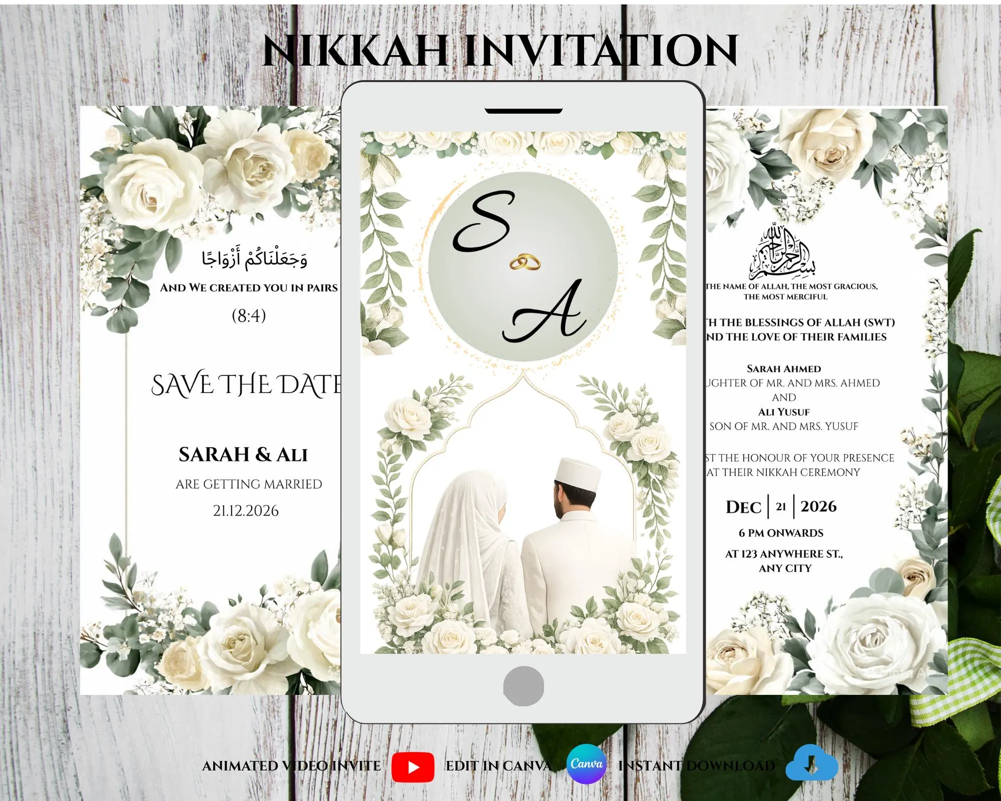Animated Muslim Nikkah  Invitation Video Editable Digital  Template White Rose Floral Wedding Invite  Canva Download Wedding Template