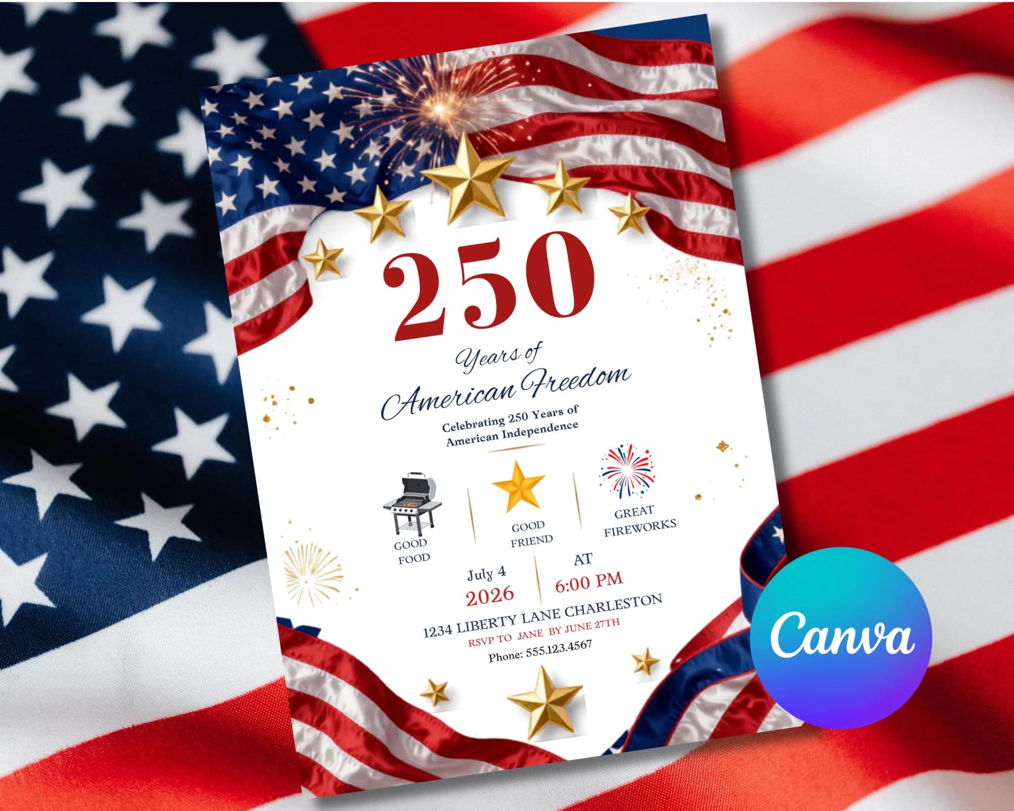 USA 250th Anniversary Invitation Template | Patriotic 4th of July BBQ Invite  | Independance Day Template Invitation | Editable Canva Invite