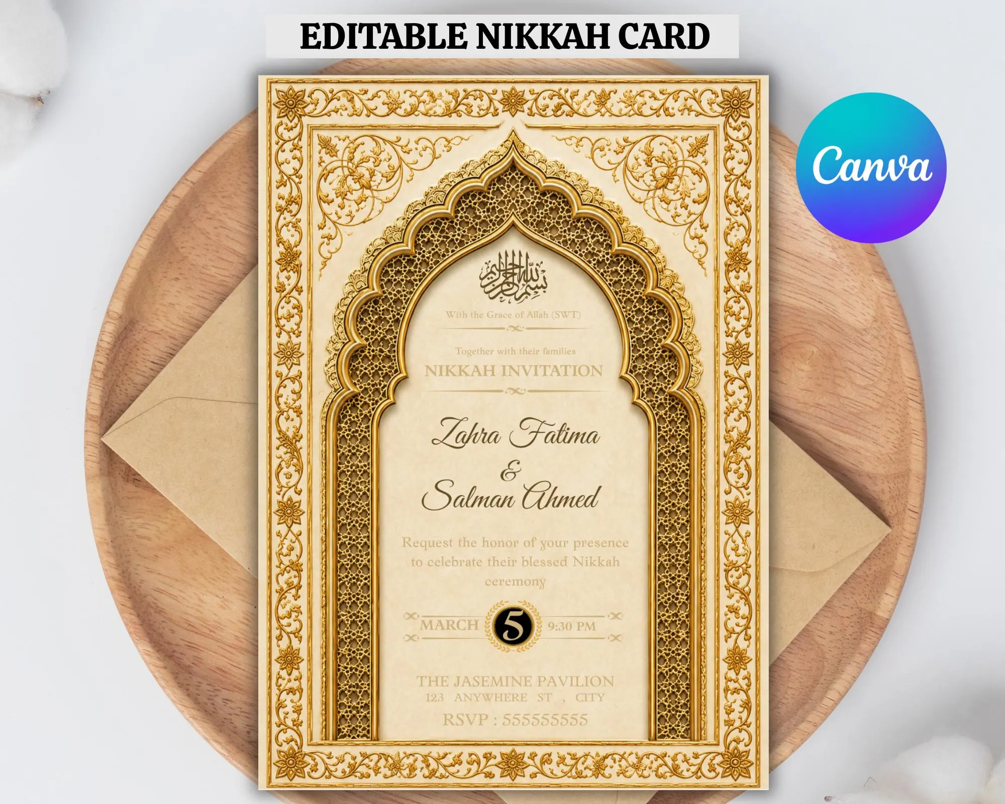 Editable Nikkah Invitation Canva Wedding Template | Islamic Wedding Invite | Muslim Mughal Wedding Nikah Ceremony Printable Digital Download