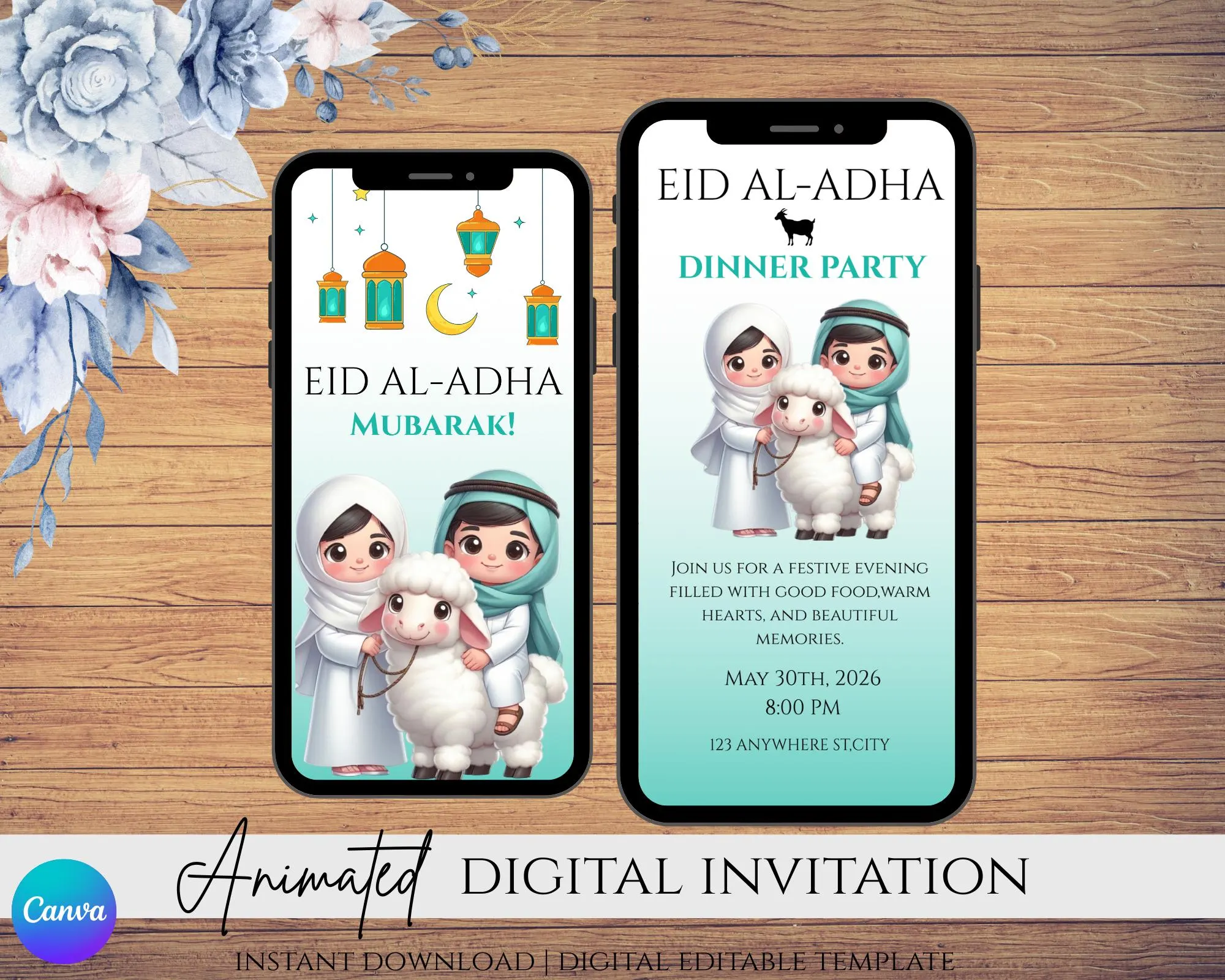 Animated Eid al Adha Dinner Party Invitation Template for Family Gatherings & 2026 Celebrations | Editable Digital Canva Invite