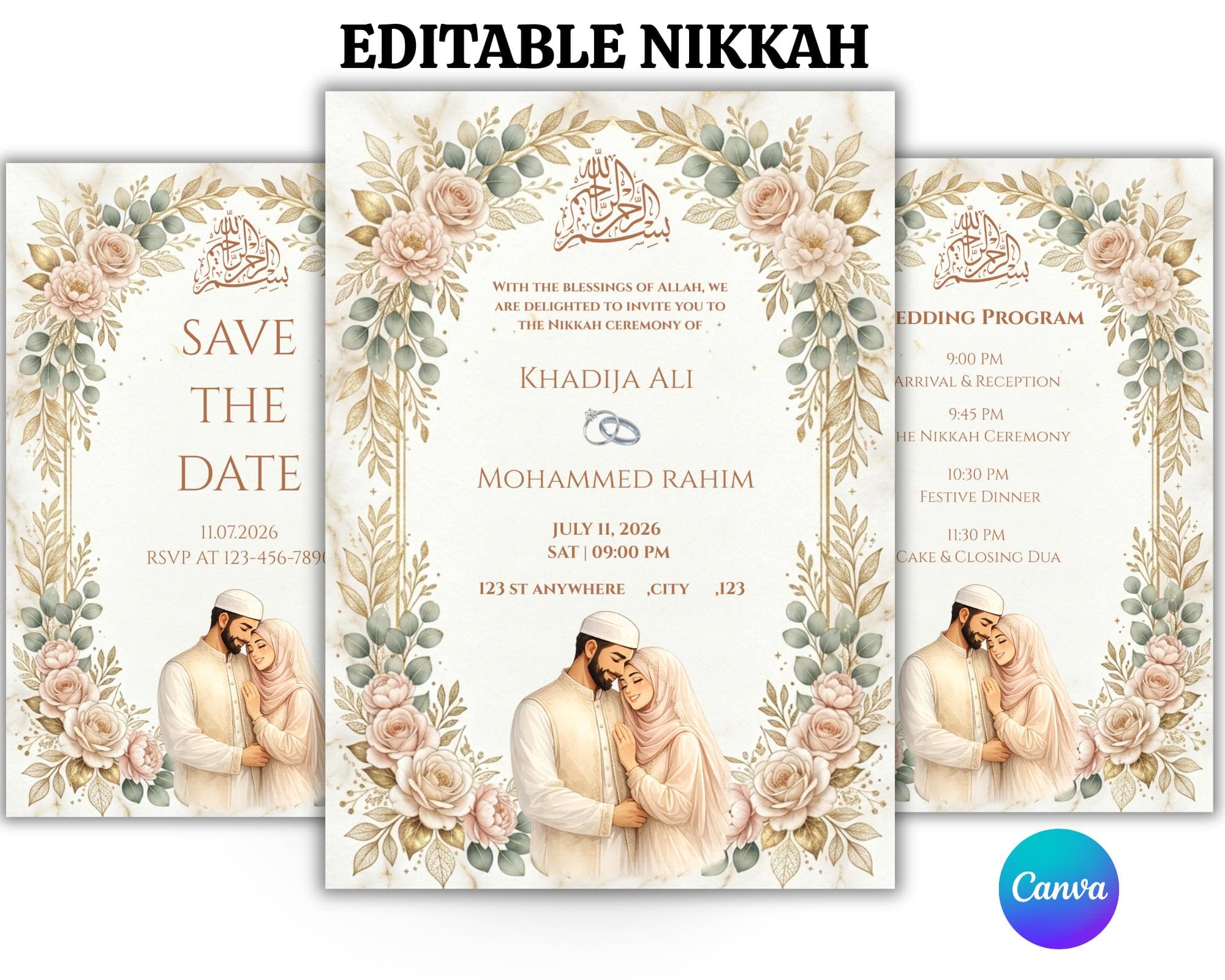 Nikkah Invitation Card Digital Template 5x7 | Muslim Wedding Invite | Floral Islamic Wedding Card with Wedding Program | Editable Canva Card