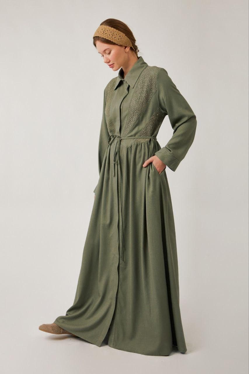 Olive Green Cotton Modest Maxi Dress - Long Sleeve Dress - image 3
