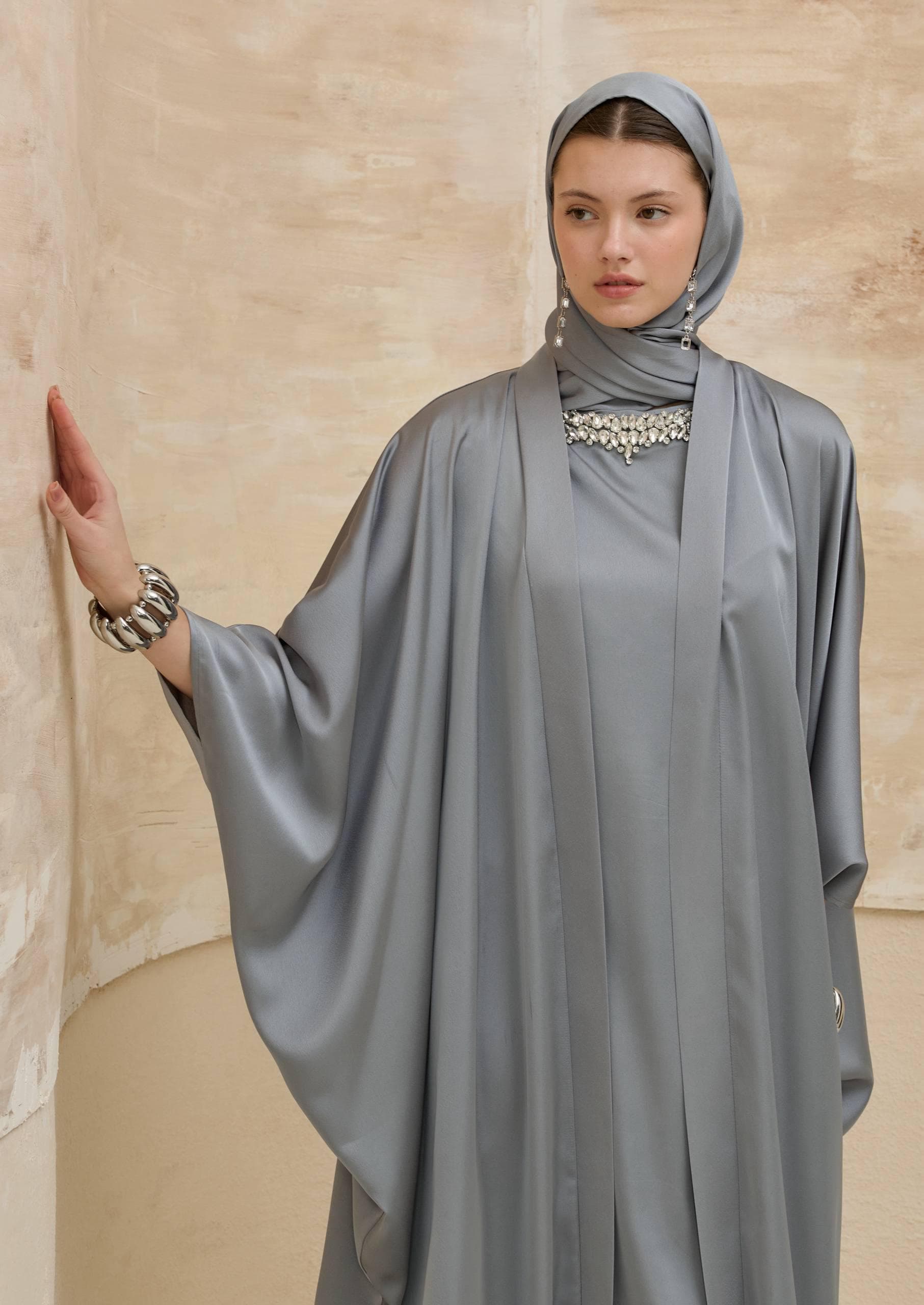 Gray Open Abaya Set with Crystal Neckline - 2 Piece Modest Muslim Dress