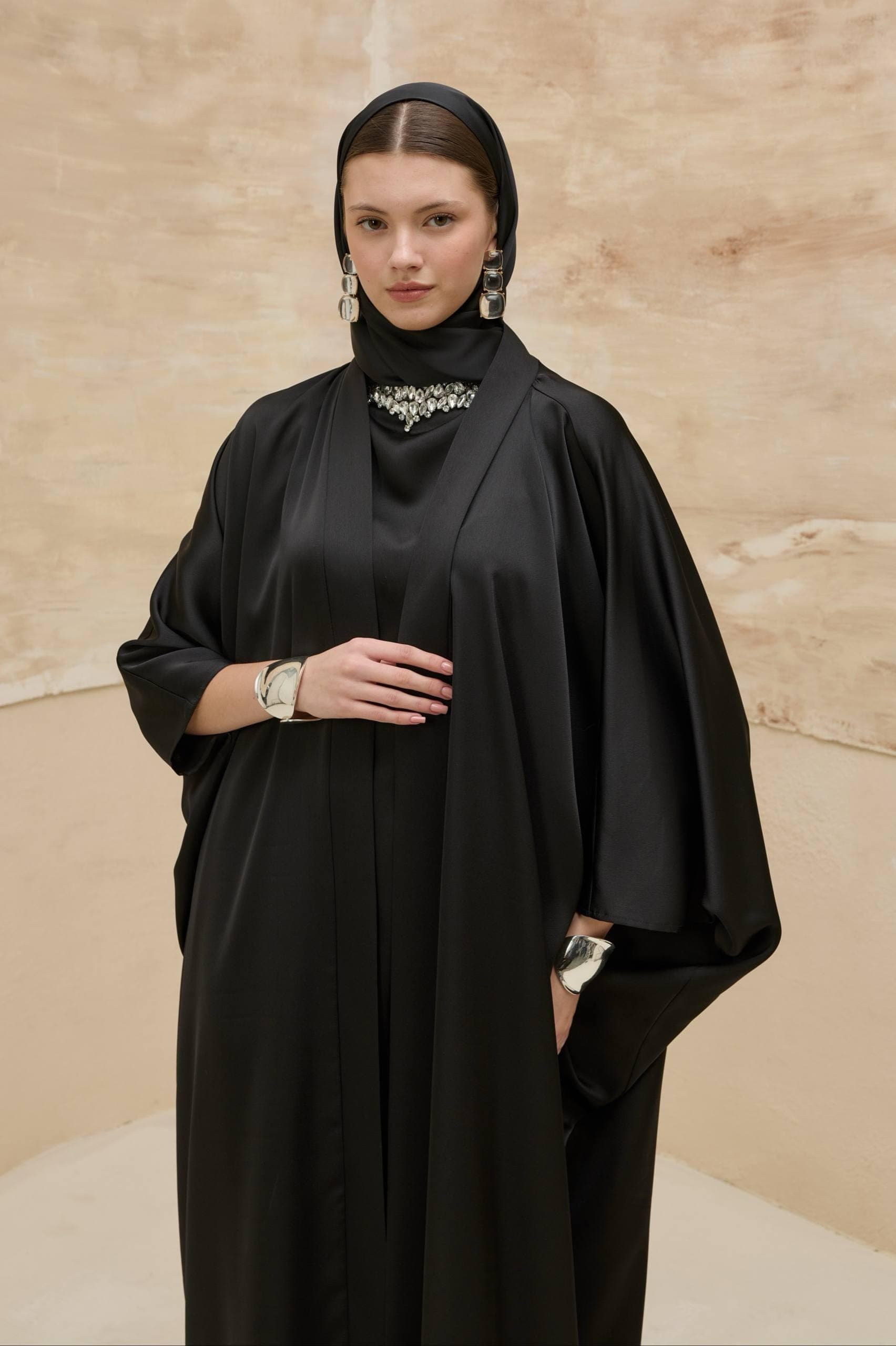 Black Open Abaya Set with Crystal Neckline - 2 Piece Modest Muslim Dress