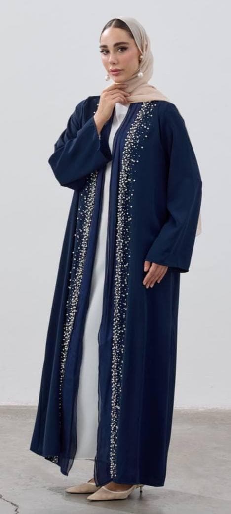 Navy Blue Open Abaya with Pearl Beaded Front Corners – Modest Dress - image 3